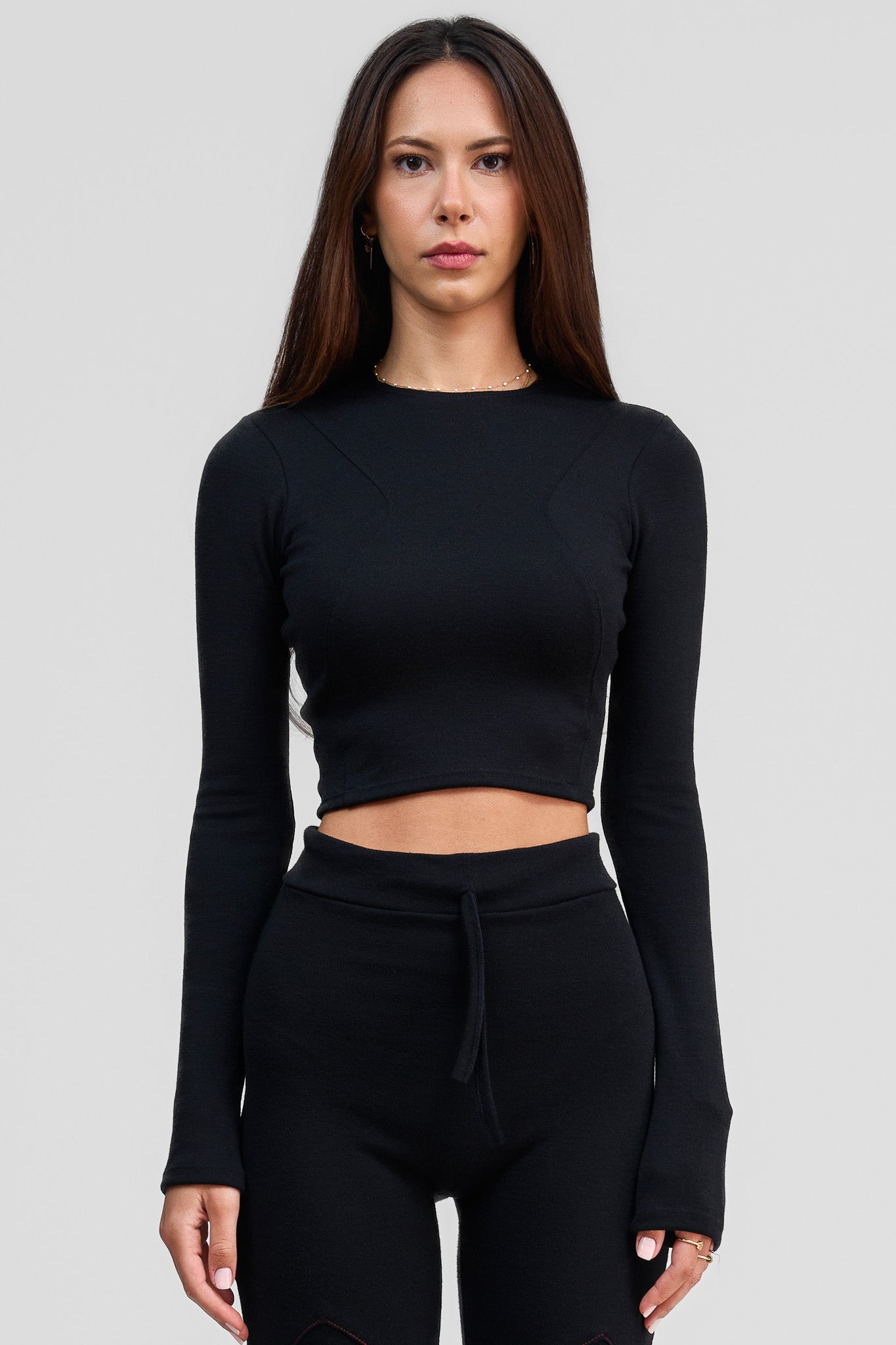 black obsidian merino wool long sleeve crop shirt