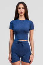 lapis blue merino wool crop shirt